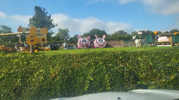 A picturesque farm scene with hay bale pigs, pumpkins, and a sign welcoming visitors.