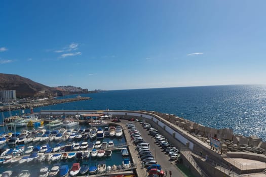 CRAN CANARIA, PUERTO RICO - NOVEMBER 16, 2019: Cran Canaria, Puerto Rico, Spain - November 16, 2019: Marina in Puerto Rico de Gran Canaria. Postcard, spain.