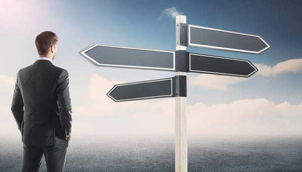 Businessman in suit standing in front of a signpost with blank directional arrows pointing different directions. Business decision, difficult choice concept, choosing the right way