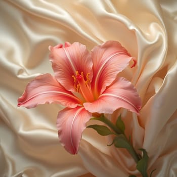 A vibrant tuberose stands out against a flowing silk backdrop, softly blurred with gentle creamy tones creating a serene ambiance.