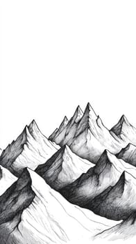 Artistic black and white illustration of a mountain range with sharp peaks, showcasing minimalist design and intricate line work.