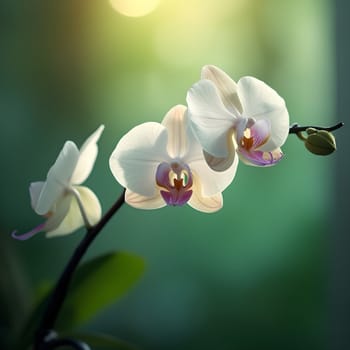 An orchid stands in gentle focus, bathed in soft light, surrounded by a calming, glowing green background.
