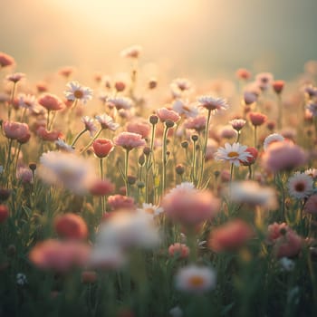 A field of delicate blooming flowers glows softly in pastel hues, bathed in the warm, gentle light of morning.