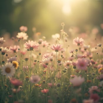 A field of delicate blooming flowers glows softly in pastel hues, bathed in the warm, gentle light of morning.
