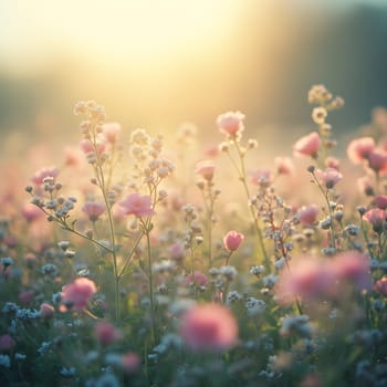A field of delicate blooming flowers glows softly in pastel hues, bathed in the warm, gentle light of morning.