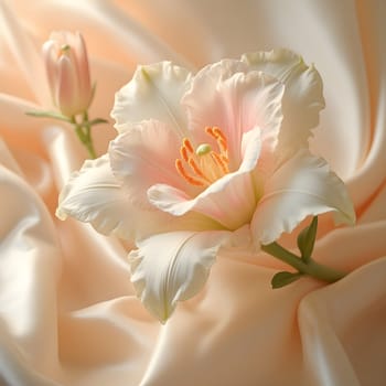 A vibrant tuberose stands out against a flowing silk backdrop, softly blurred with gentle creamy tones creating a serene ambiance.