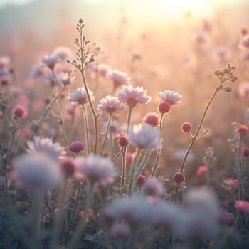 A field of delicate blooming flowers glows softly in pastel hues, bathed in the warm, gentle light of morning.