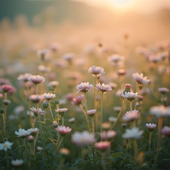 A field of delicate blooming flowers glows softly in pastel hues, bathed in the warm, gentle light of morning.