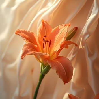 A vibrant tuberose stands out against a flowing silk backdrop, softly blurred with gentle creamy tones creating a serene ambiance.