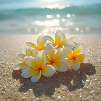 A serene beach scene featuring a cluster of frangipani flowers resting on the sand, their petals glowing under warm sunlight.