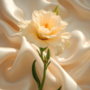 A vibrant tuberose stands out against a flowing silk backdrop, softly blurred with gentle creamy tones creating a serene ambiance.