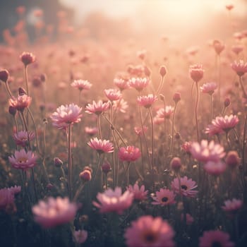 A field of delicate blooming flowers glows softly in pastel hues, bathed in the warm, gentle light of morning.