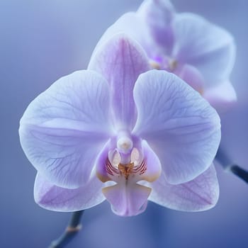 A close-up of a delicate orchid with lavender petals, showcasing its intricate textures against a softly blurred, cool background.
