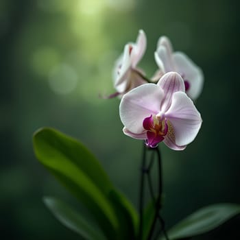 An orchid stands in gentle focus, bathed in soft light, surrounded by a calming, glowing green background.