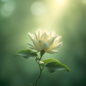 A beautiful gardenia flower bathed in sunlight, with a dreamy green gradient background that enhances its soft, serene beauty.