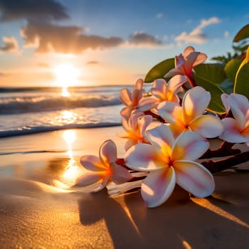 A serene beach scene featuring a cluster of frangipani flowers resting on the sand, their petals glowing under warm sunlight.
