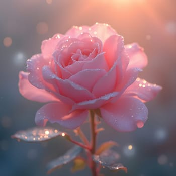 A fully bloomed rose glistens with morning dew, bathed in soft pastel light, creating an ethereal, dreamy, and serene atmosphere.