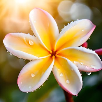 A close-up of a frangipani flower, its petals gently melting into a soft yellow-white blur, creating a serene, ethereal effect.