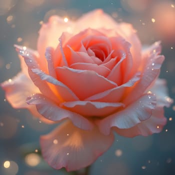 A fully bloomed rose glistens with morning dew, bathed in soft pastel light, creating an ethereal, dreamy, and serene atmosphere.