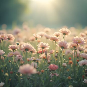 A field of delicate blooming flowers glows softly in pastel hues, bathed in the warm, gentle light of morning.