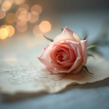 A single rosebud gracefully rests on parchment paper, enveloped in a soft bokeh of shimmering light and delicate pastel hues.