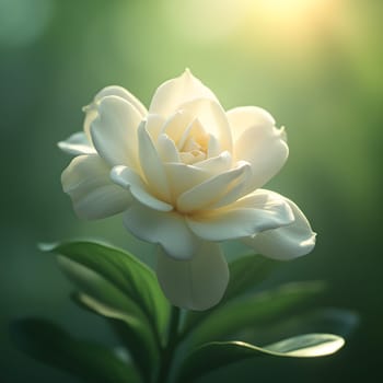 A beautiful gardenia flower bathed in sunlight, with a dreamy green gradient background that enhances its soft, serene beauty.