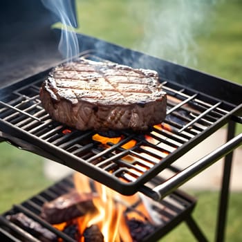 Inferno on the Grill: Sizzling Steak with Flames and Smoke