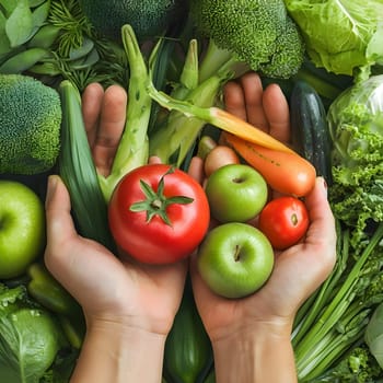 A close-up shot of hands holding an assortment of fresh fruits and vegetables, symbolizing healthy, natural living.