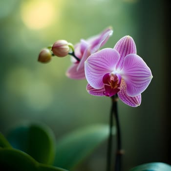 An orchid stands in gentle focus, bathed in soft light, surrounded by a calming, glowing green background.