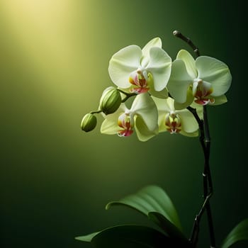 An orchid stands in gentle focus, bathed in soft light, surrounded by a calming, glowing green background.
