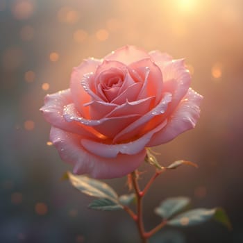 A fully bloomed rose glistens with morning dew, bathed in soft pastel light, creating an ethereal, dreamy, and serene atmosphere.
