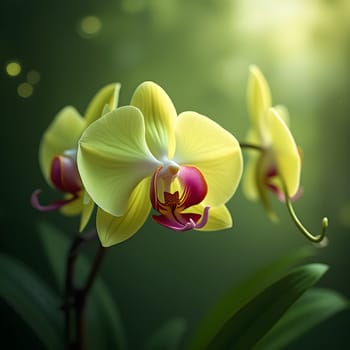 An orchid stands in gentle focus, bathed in soft light, surrounded by a calming, glowing green background.