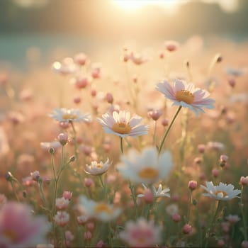 A field of delicate blooming flowers glows softly in pastel hues, bathed in the warm, gentle light of morning.