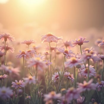 A field of delicate blooming flowers glows softly in pastel hues, bathed in the warm, gentle light of morning.