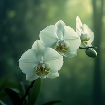 An orchid stands in gentle focus, bathed in soft light, surrounded by a calming, glowing green background.