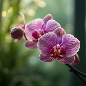 An orchid stands in gentle focus, bathed in soft light, surrounded by a calming, glowing green background.