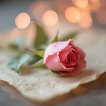 A single rosebud gracefully rests on parchment paper, enveloped in a soft bokeh of shimmering light and delicate pastel hues.