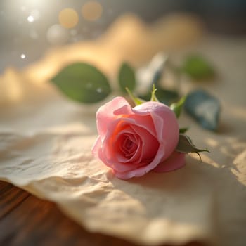 A single rosebud gracefully rests on parchment paper, enveloped in a soft bokeh of shimmering light and delicate pastel hues.