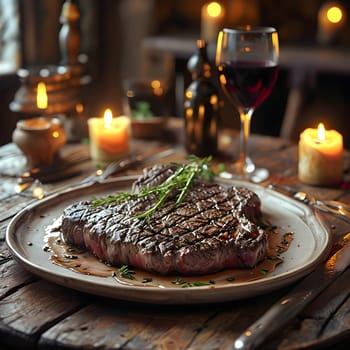 Candlelit Steak Dinner on a Rustic Table with Red Wine: A Cozy Dining Experience
