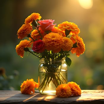 A vibrant mix of marigolds and roses in a vintage glass jar, glowing warmly under golden hour lighting with a dreamy background.