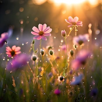 A field of delicate blooming flowers glows softly in pastel hues, bathed in the warm, gentle light of morning.