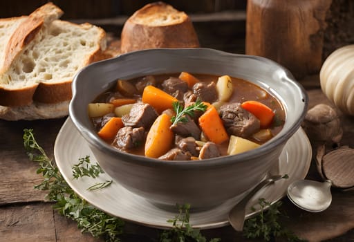 Heartwarming Beef Stew with Root Vegetables and Crusty Bread in a Cozy Cabin