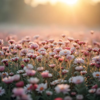 A field of delicate blooming flowers glows softly in pastel hues, bathed in the warm, gentle light of morning.