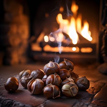 Fireplace Comfort: Close-Up of Roasted Chestnuts by the Hearth