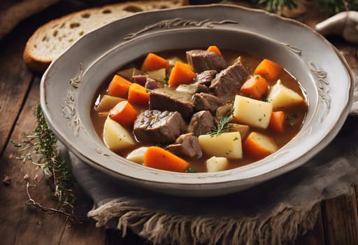 Hearty Beef Stew with Root Vegetables and Fresh Bread in a Warm Cabin Atmosphere