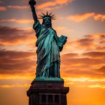 The Statue of Liberty, bathed in warm golden sunrise hues, symbolizes hope and freedom, welcoming a peaceful new year.