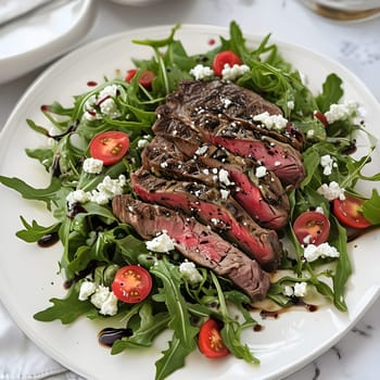 Fresh Steak Salad with Arugula, Goat Cheese, Cherry Tomatoes, and Balsamic Vinaigrette: A Flavorful Dish