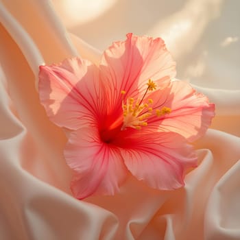 A vibrant tuberose stands out against a flowing silk backdrop, softly blurred with gentle creamy tones creating a serene ambiance.