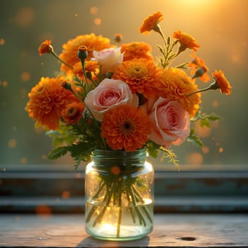 A vibrant mix of marigolds and roses in a vintage glass jar, glowing warmly under golden hour lighting with a dreamy background.