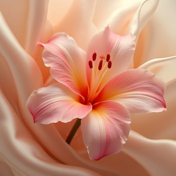 A vibrant tuberose stands out against a flowing silk backdrop, softly blurred with gentle creamy tones creating a serene ambiance.